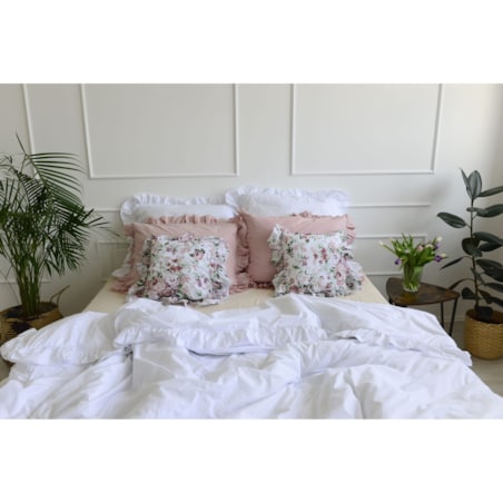 Pościel Bawełniana Z Falbanką Zestaw Komplet Do Sypialni Kołdra +6 Poduszek 220X200 Cm Biel Brudny Róż Kwiaty