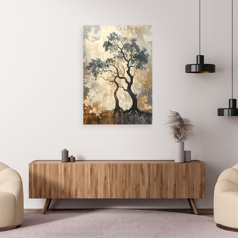 Obraz do salonu sypialni kuchni biura loftu, Drzewa grunge natura beżowy złoty 80x120cm