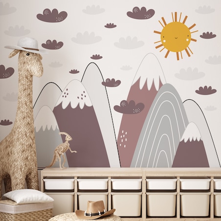 NAKLEJKI ŚCIENNE DLA DZIECI BORDOWE GÓRY CHMURKI ZESTAW STYL SKANDYNAWSKI