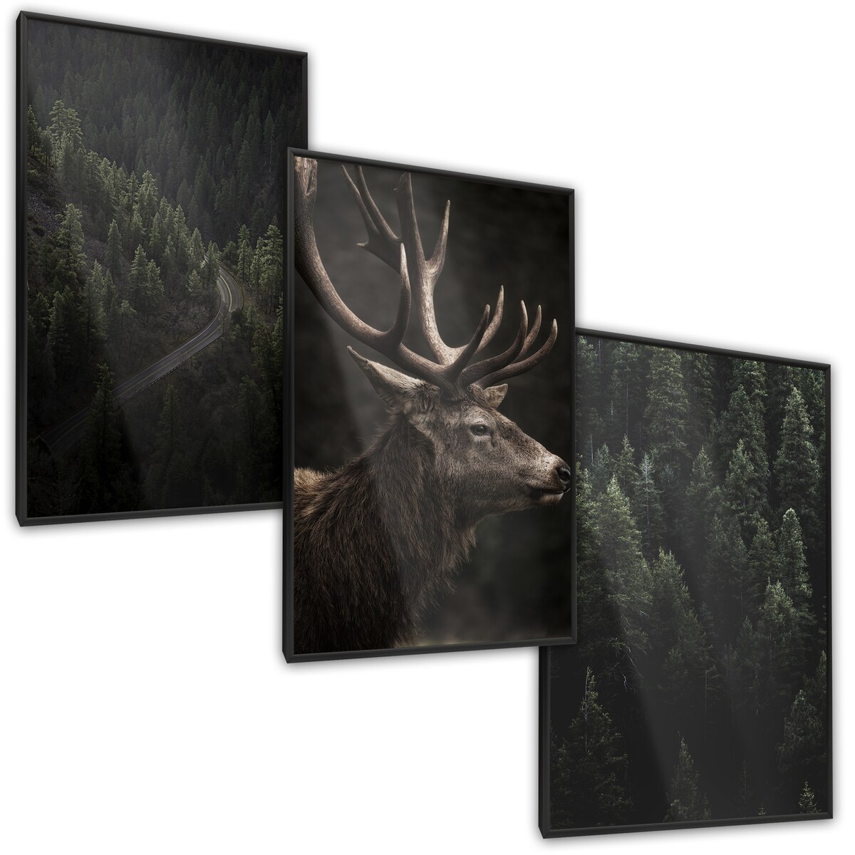 ZESTAW 3x Plakat W Ramie JELEŃ Las Pejzaże Efekt 3D 60x80cm
