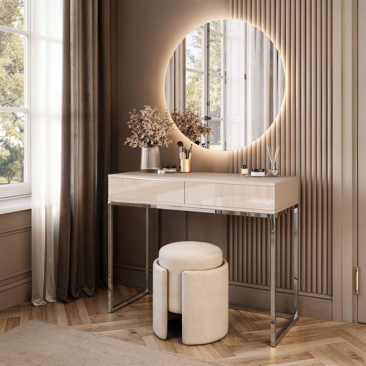 Toaletka BLANCO GLAMOUR KASZMIR na chromowanym stelażu z lustrem LED, push-to-open