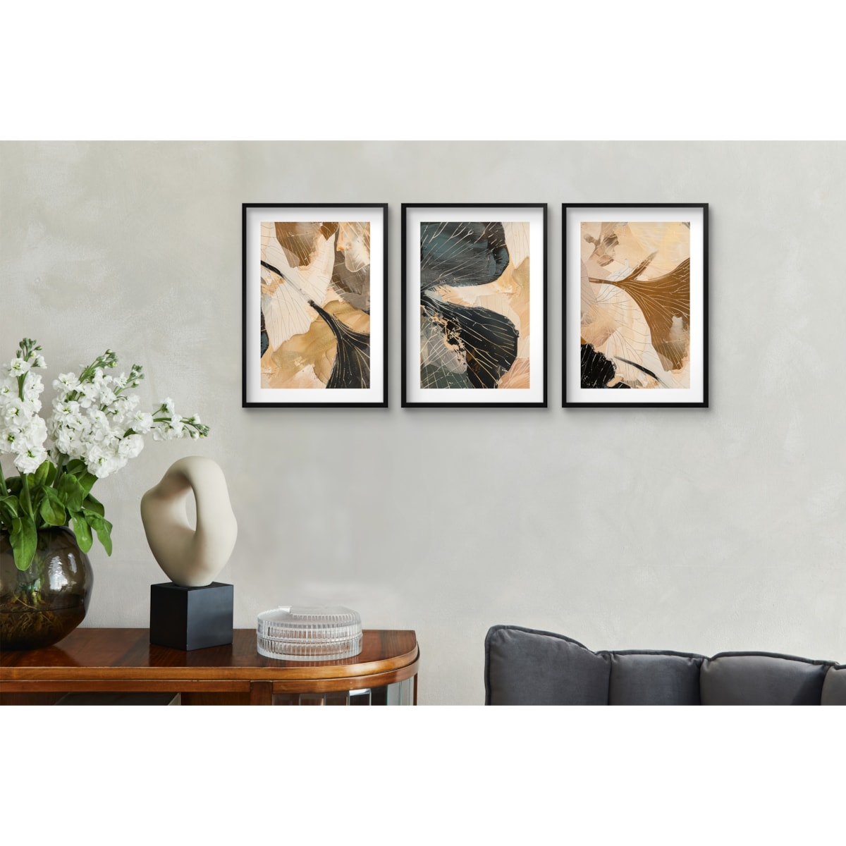 Komplet 3 Plakatów na ścianę do salonu sypialni Ozdoba ścienna Złote Kwiaty
