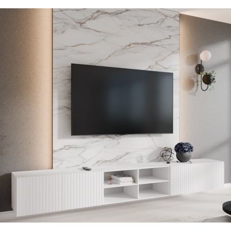 Szafka RTV RIO 300 cm otwarta z półkami do salonu, ryflowana- biała