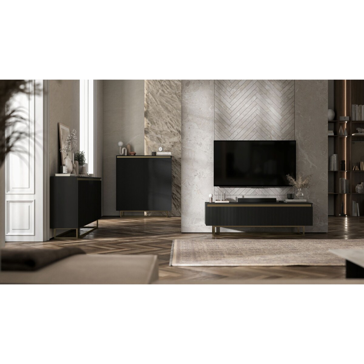 Komoda Glamour Szafka RTV Czarny MAT ryflowane fronty złote akcenty 110,8 cm