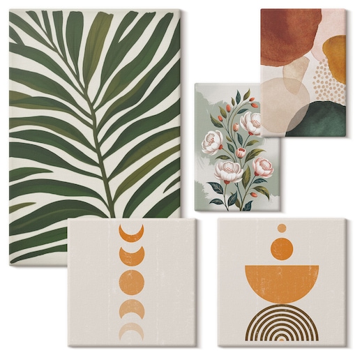 Zestaw 5 obrazów na płótnie - Roślinne wzory boho kształty - zielony