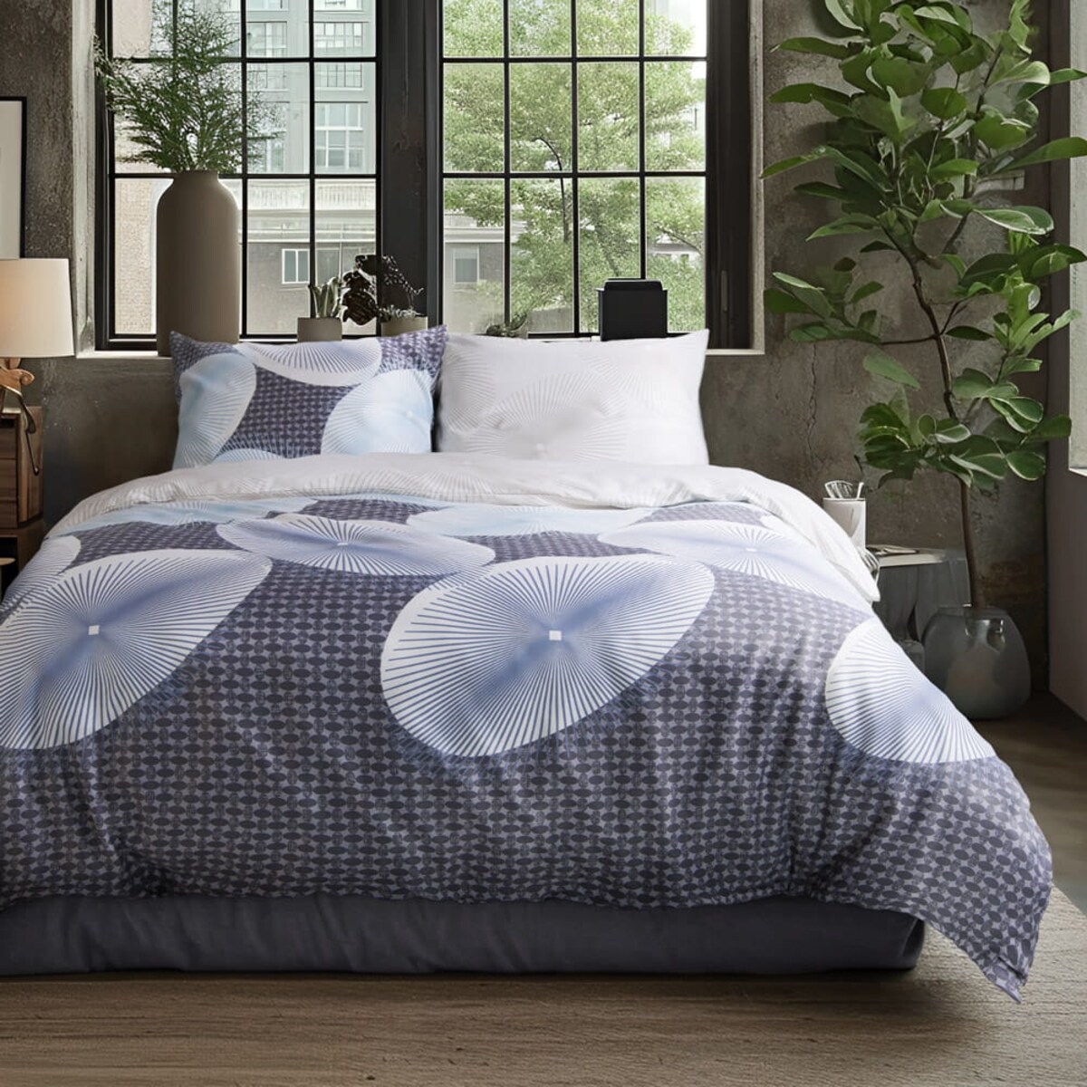 Pościel satyna bawełniana 200x220 Exclusive Enno biała w niebieskie koła