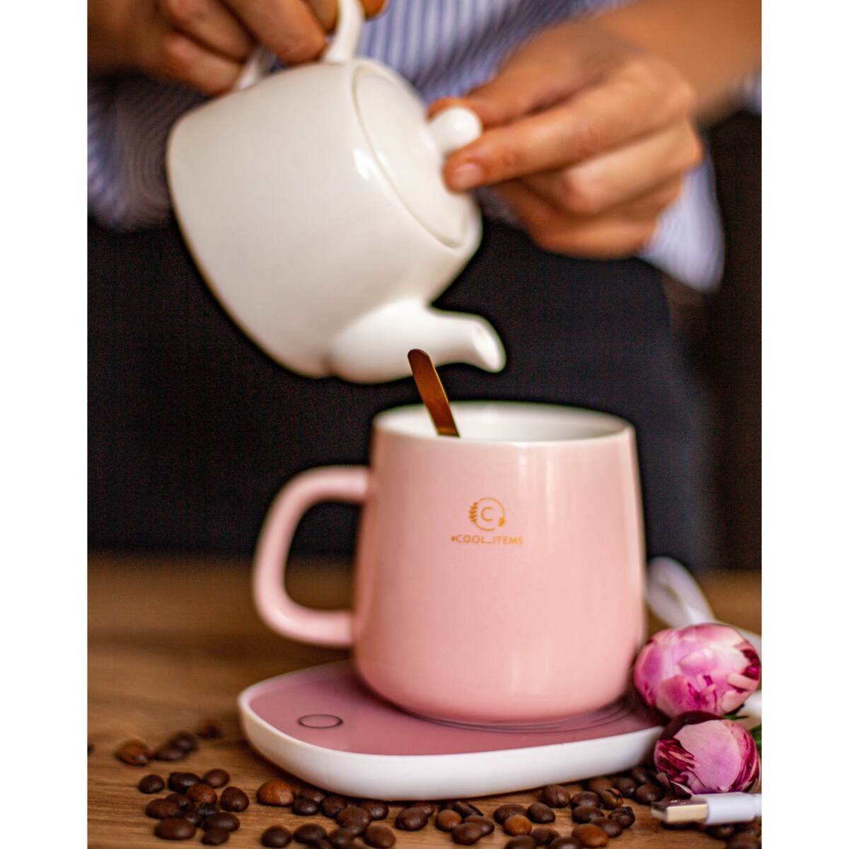 KUBEK do herbaty PODGRZEWACZ USB Łyżka Kabel PREZENT Kubek Świąteczny Kubki