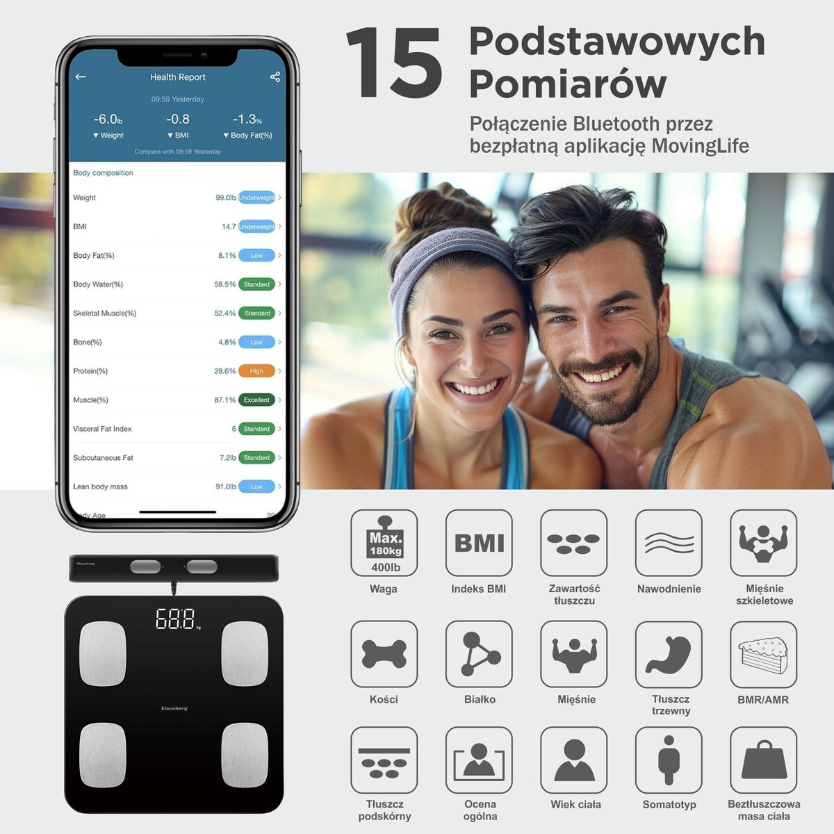 Waga łazienkowa z pomiarem tkanki tłuszczowej i składu ciała, Smart, BT,  KLAUSBERG czarna