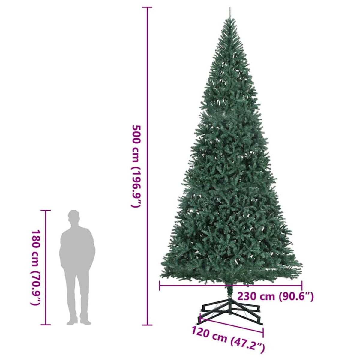 vidaXL Sztuczna choinka ze stojakiem, zielona, 500 cm, PVC