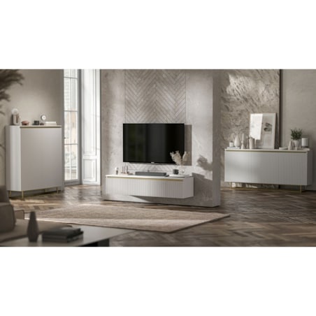 Wisząca Szafka RTV Glamour Komoda RTV Biały Mat 280 cm ryflowane fronty