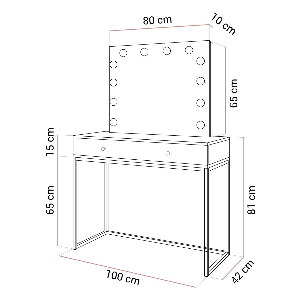 Toaletka kosmetyczna BLANCO KASZMIR ELITE z lustrem i oświetleniem na kaszmirowym stelażu, push-to-open