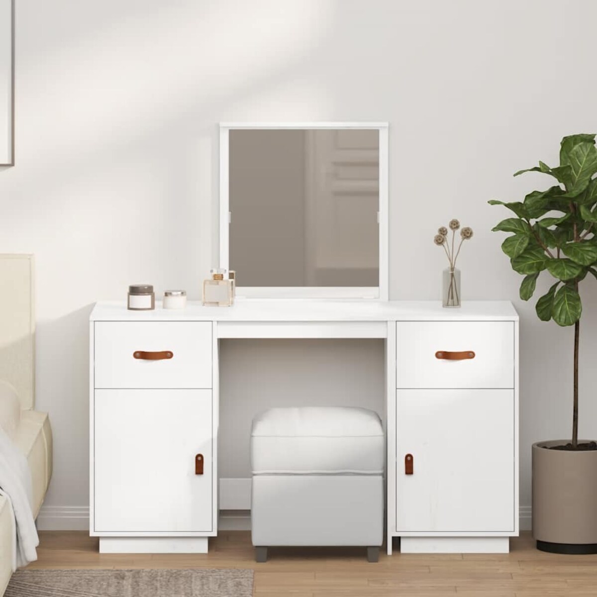 vidaXL Toaletka z lustrem, biała, lite drewno sosnowe