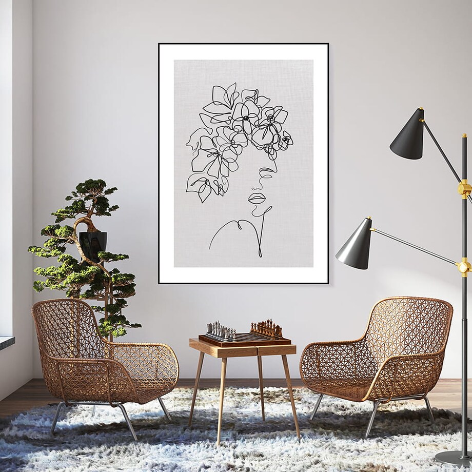 plakat line art dziewczyna z kwiatami len 50x70 cm