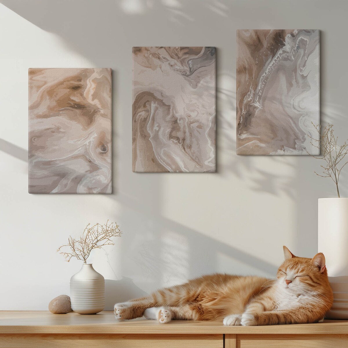 Zestaw 3 małych obrazów na płótnie - Kamień abstrakcyjny marmur - brązowy