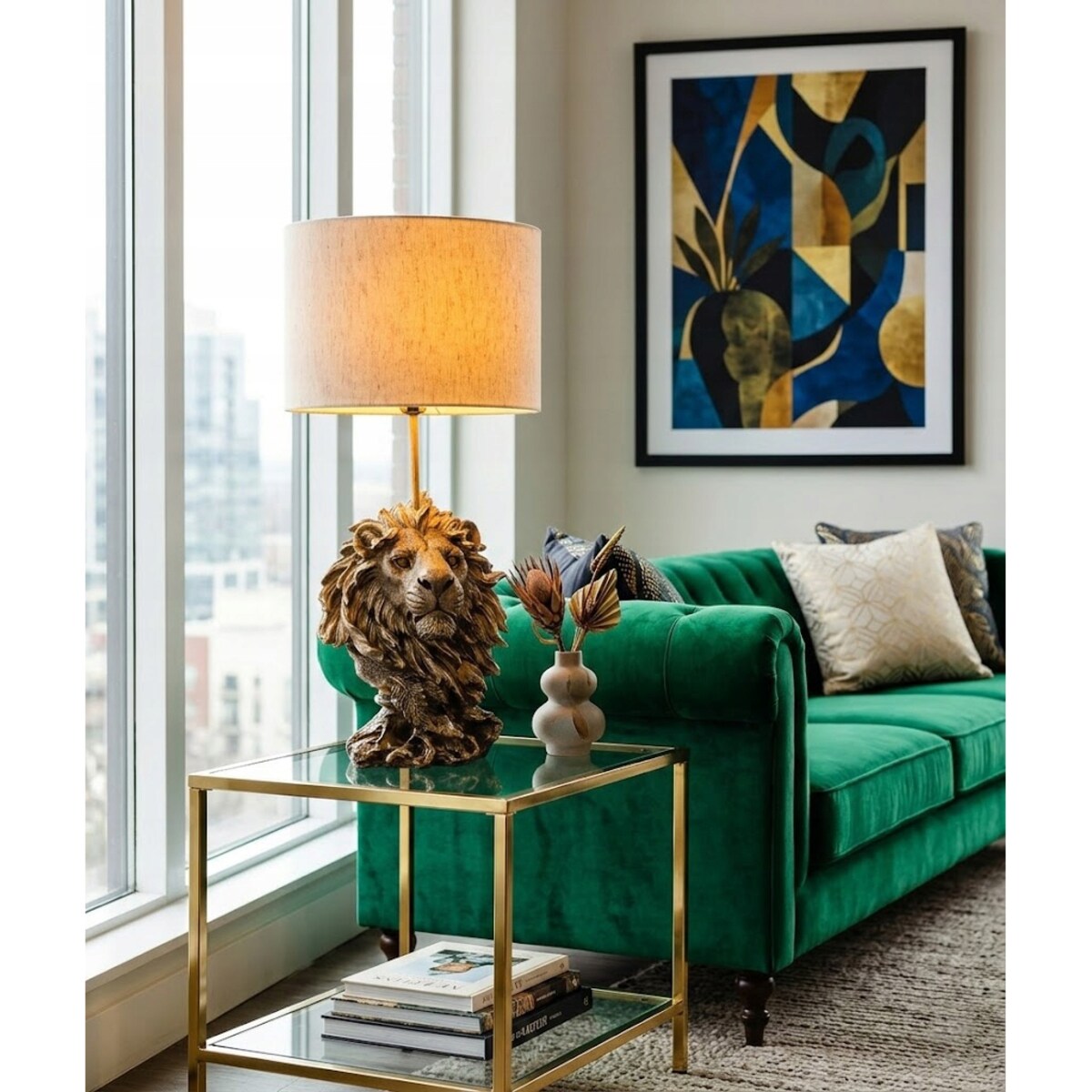 LAMPA STOŁOWA BIURKOWA NOCNA LEW ZŁOTA 47cm E27 DO SALONU DOMU GLAMOUR