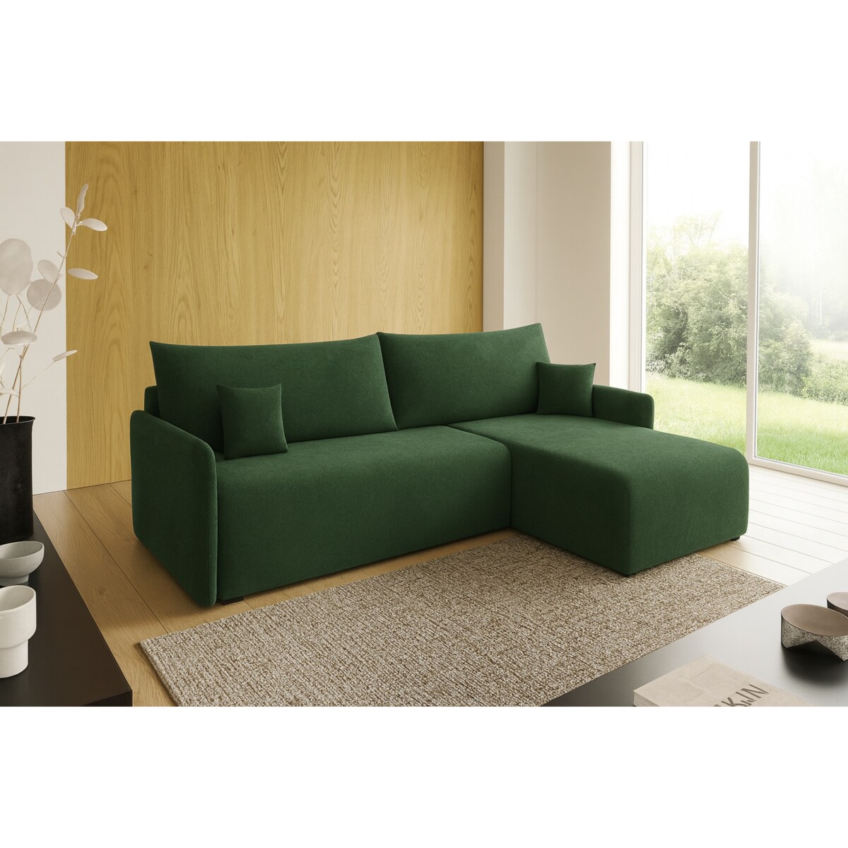 Narożnik z funkcją spania VALIA i pojemnikiem na pościel, zielony