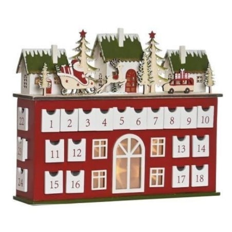 Kalendarz adwentowy LED 31x37,5x8,5 cm WILLA czerwony z domkami