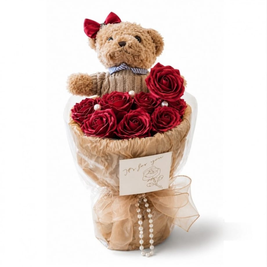 Flower box, bukiet zapachowych kwiatów mydlanych z MISIEM, LED 8szt. BUK31CZE