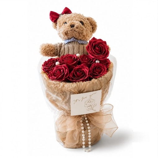 Flower box, bukiet zapachowych kwiatów mydlanych z MISIEM, LED 8szt. BUK31CZE