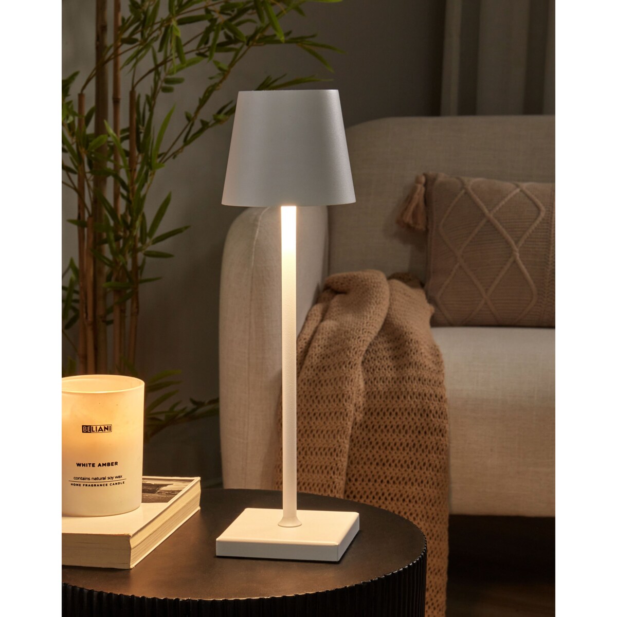 Bezprzewodowa lampa stołowa metalowa biała BACEIRO