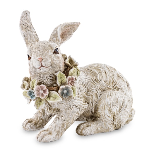 Dekoracja - biały królik 13x13x8 cm PELUCHE leżący z wiankiem kwiatów