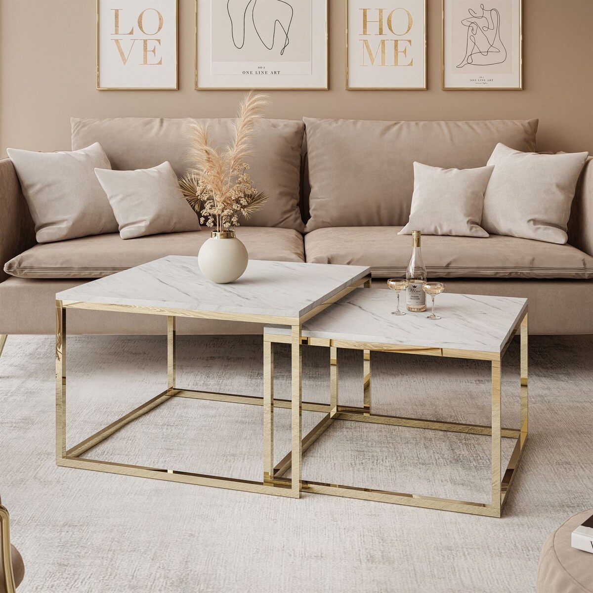 Stolik kawowy 2w1 YOSHI złoty chrom marmur levanto