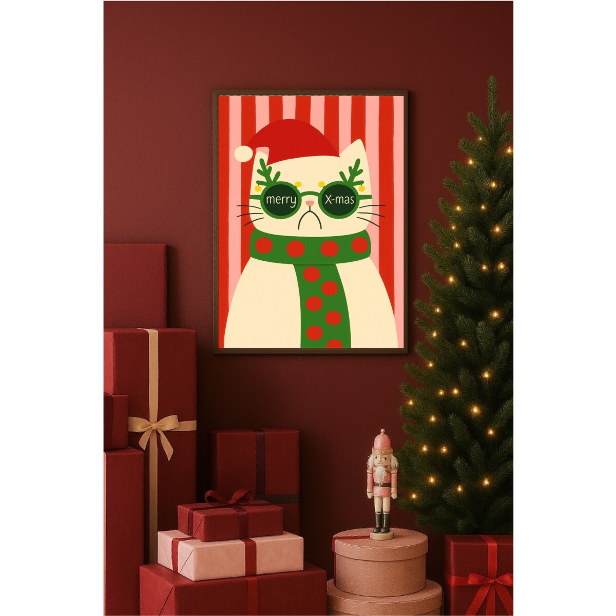 Poster Story, Plakat, Obraz - Kot w Świątecznych Okularach i Czapce Merry X-Mas, wymiary 60 x 84 cm