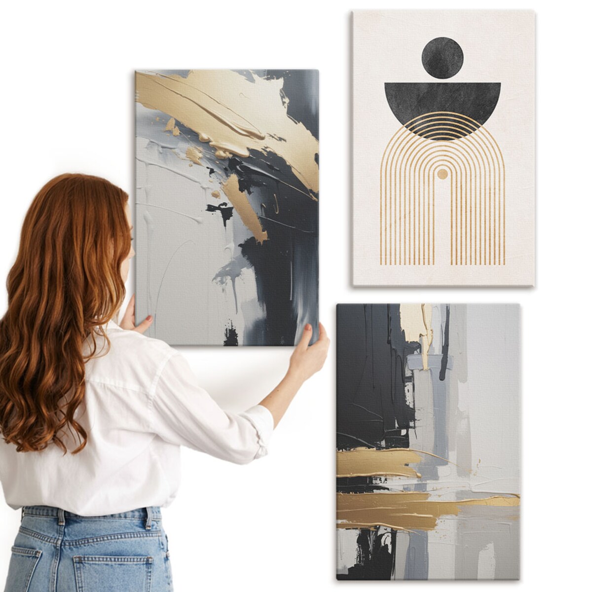 Zestaw 3 dużych obrazów na płótnie - Geometria abstrakcyjna elegancja - szary