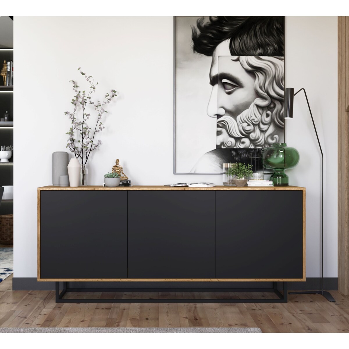 Komoda Loft Szafka RTV Industrialna Dąb Wotan Czarny MAT 168 cm