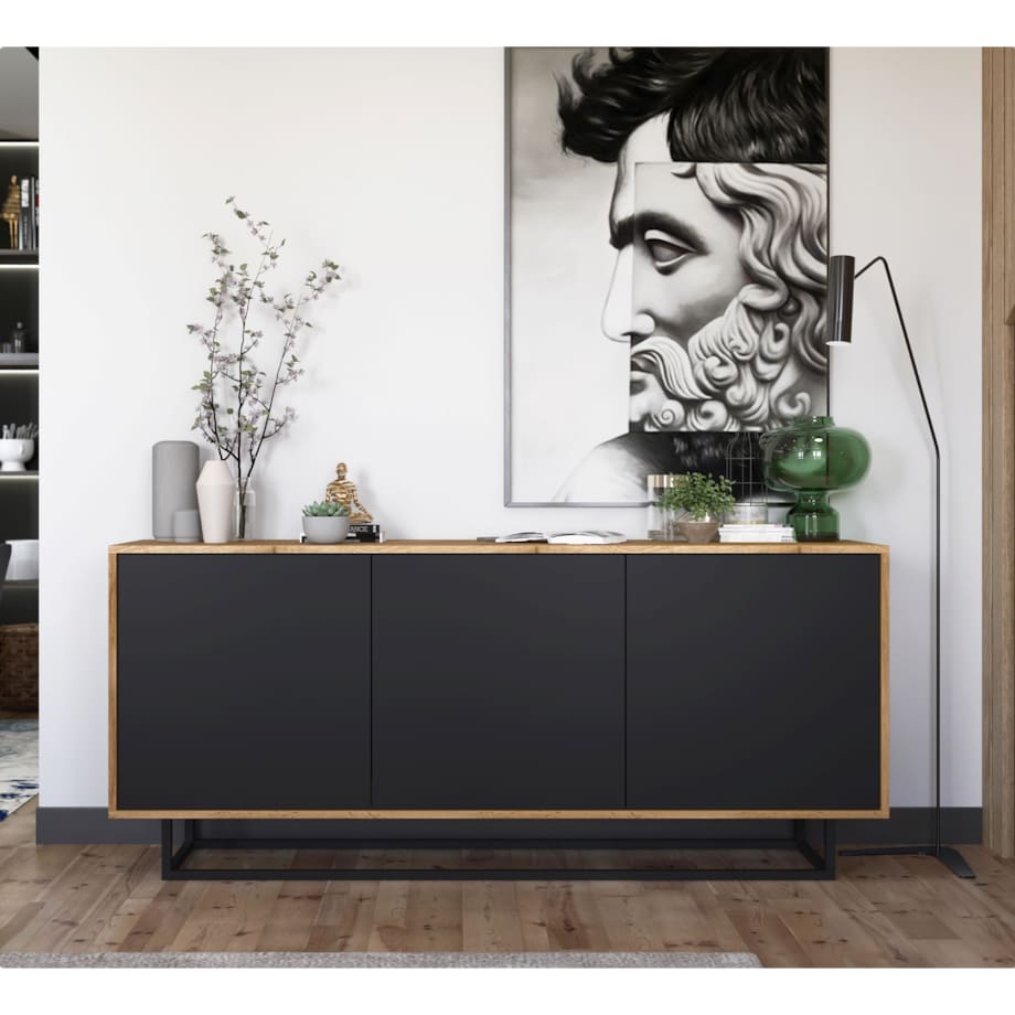 Komoda Loft Szafka RTV Industrialna Dąb Wotan Czarny MAT 168 cm