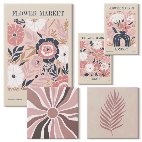 Zestaw 5 obrazów na płótnie - Kwiatowe rynki styl boho - różowy