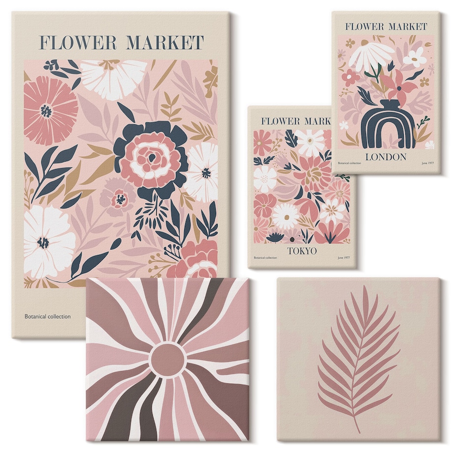 Zestaw 5 obrazów na płótnie - Kwiatowe rynki styl boho - różowy