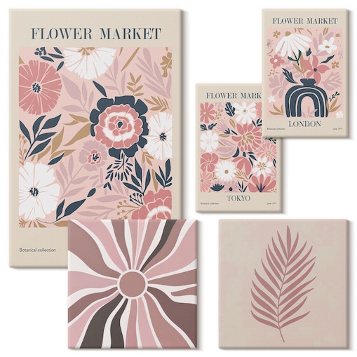 Zestaw 5 obrazów na płótnie - Kwiatowe rynki styl boho - różowy