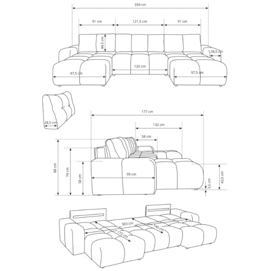 Nowoczesny Narożnik U SOHI z funkcją spania, Curio 93 - Popiel