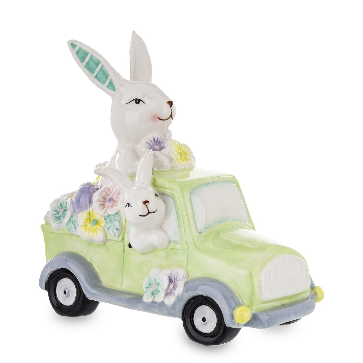Dekoracja - króliki w samochodzie z kwiatami 20x10,5x19 cm