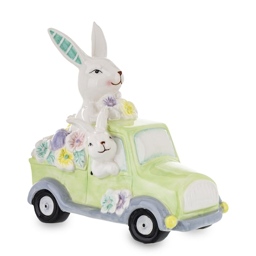 Dekoracja - króliki w samochodzie z kwiatami 20x10,5x19 cm