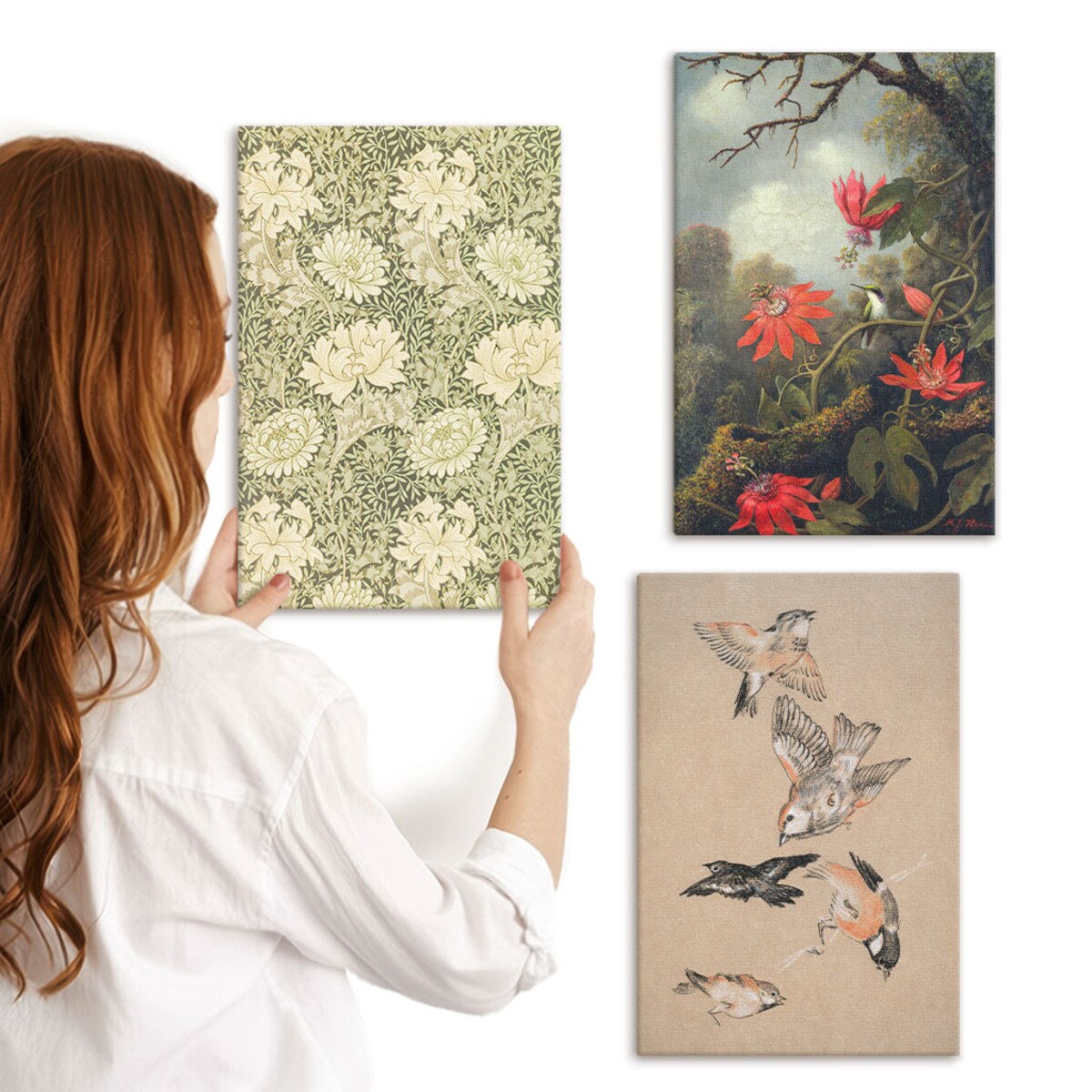 Zestaw 3 małych obrazów na płótnie - Kwiaty ptaki przyroda natura - zielony