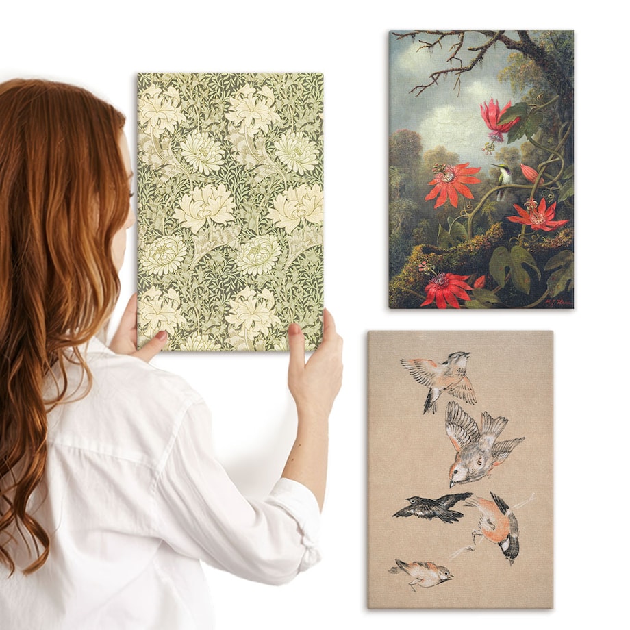 Zestaw 3 małych obrazów na płótnie - Kwiaty ptaki przyroda natura - zielony