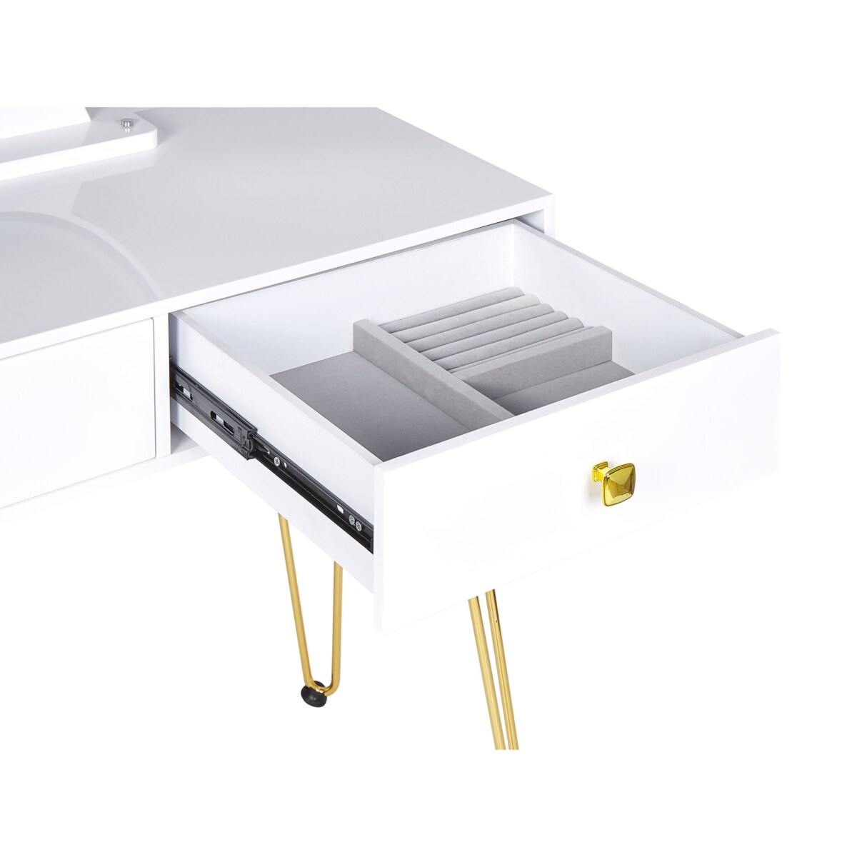 Toaletka 2 szuflady lustro LED ze stołkiem biało-złota CAEN