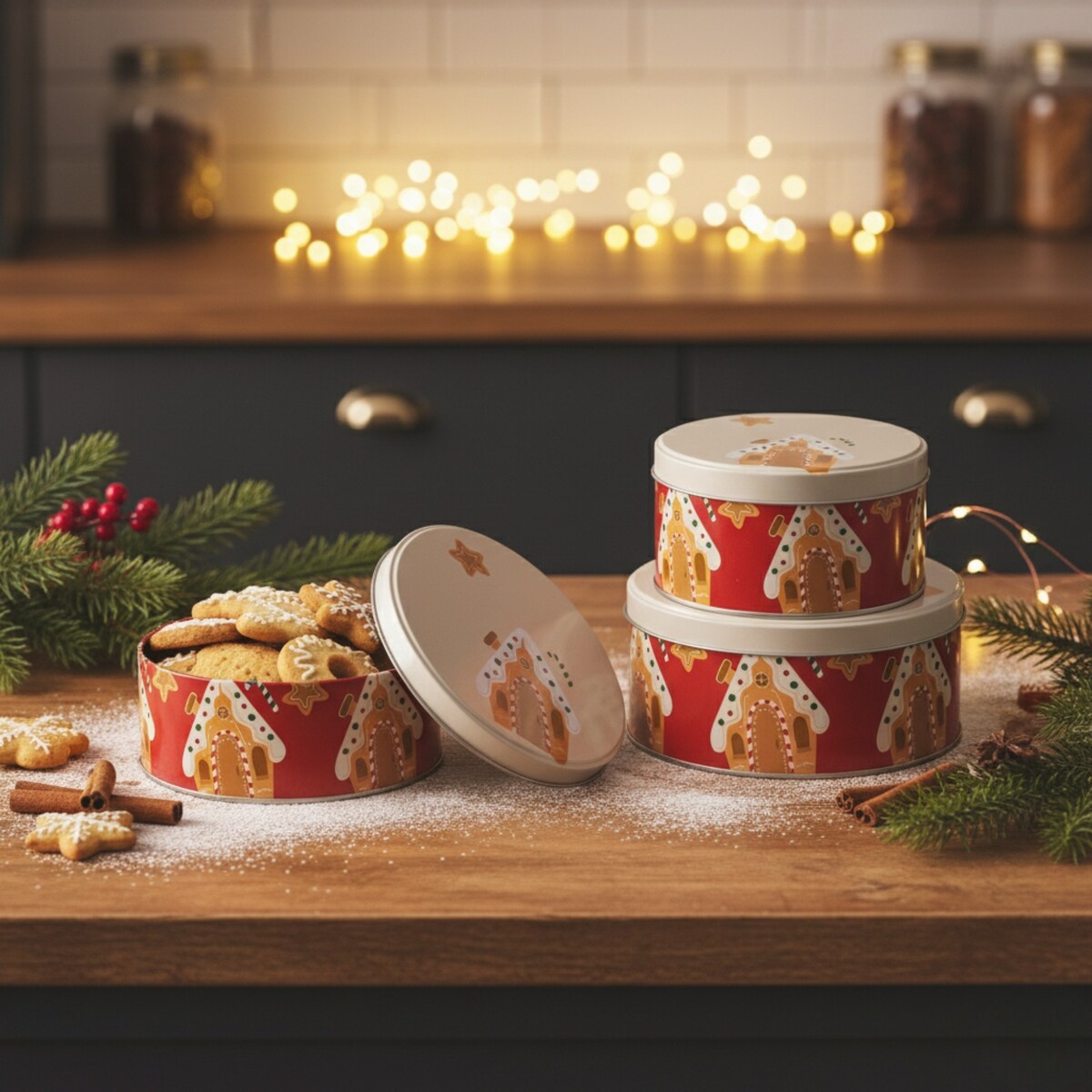 Puszka 3 szt. metalowa na ciastka świąteczne 19,5x8,6 cm POTERE czerwona z białą pokrywką z piernikowym domkiem