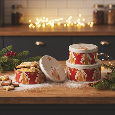 Puszka 3 szt. metalowa na ciastka świąteczne 19,5x8,6 cm POTERE czerwona z białą pokrywką z piernikowym domkiem