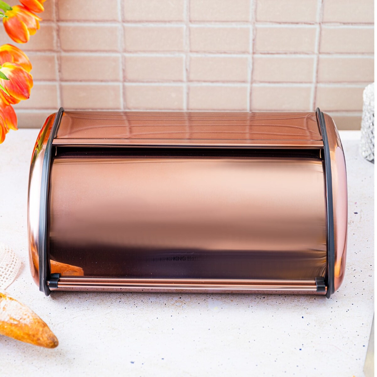Chlebak stalowy mały 36cm różowe złoto matowy pojemnik na chleb pieczywo bułki KINGHOFF