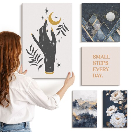Zestaw 5 obrazów na płótnie - Styl boho z naturą i przesłaniami - granatowy