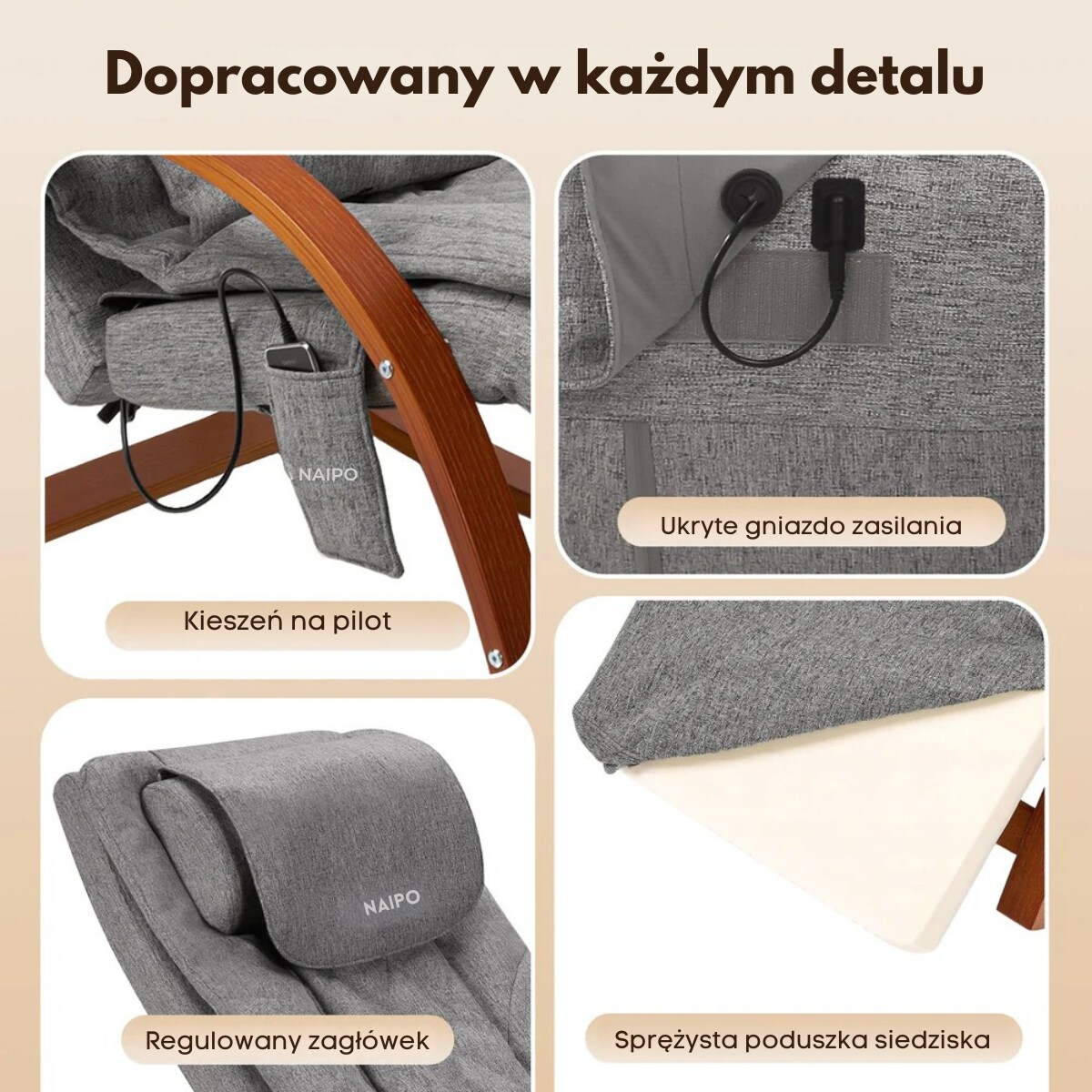 Fotel masujący bujany NAIPO MGC-2300P Vita-My drewniany podgrzewanie pilot