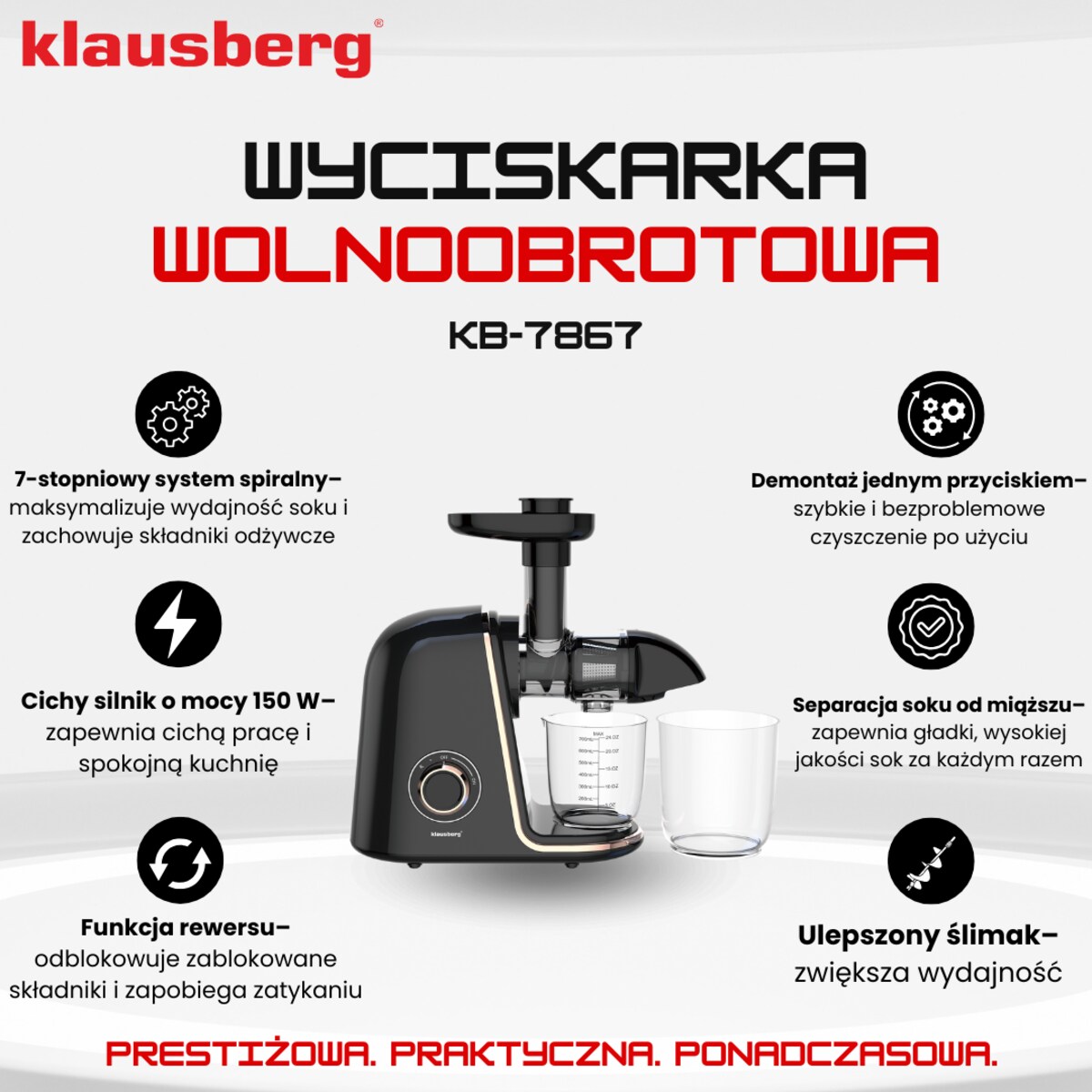 Sokowirówka wolnoobrotowa 150W do owoców i warzyw COLD PRESS KLAUSBERG KB-7867