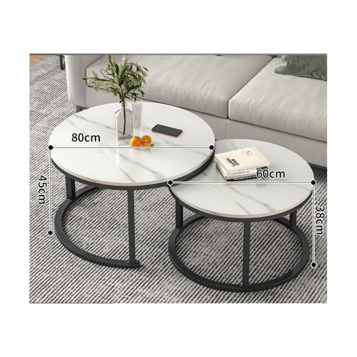Zestaw okrągłych stolików kawowych 2w1 biały marmur 60 i 80 cm STL14