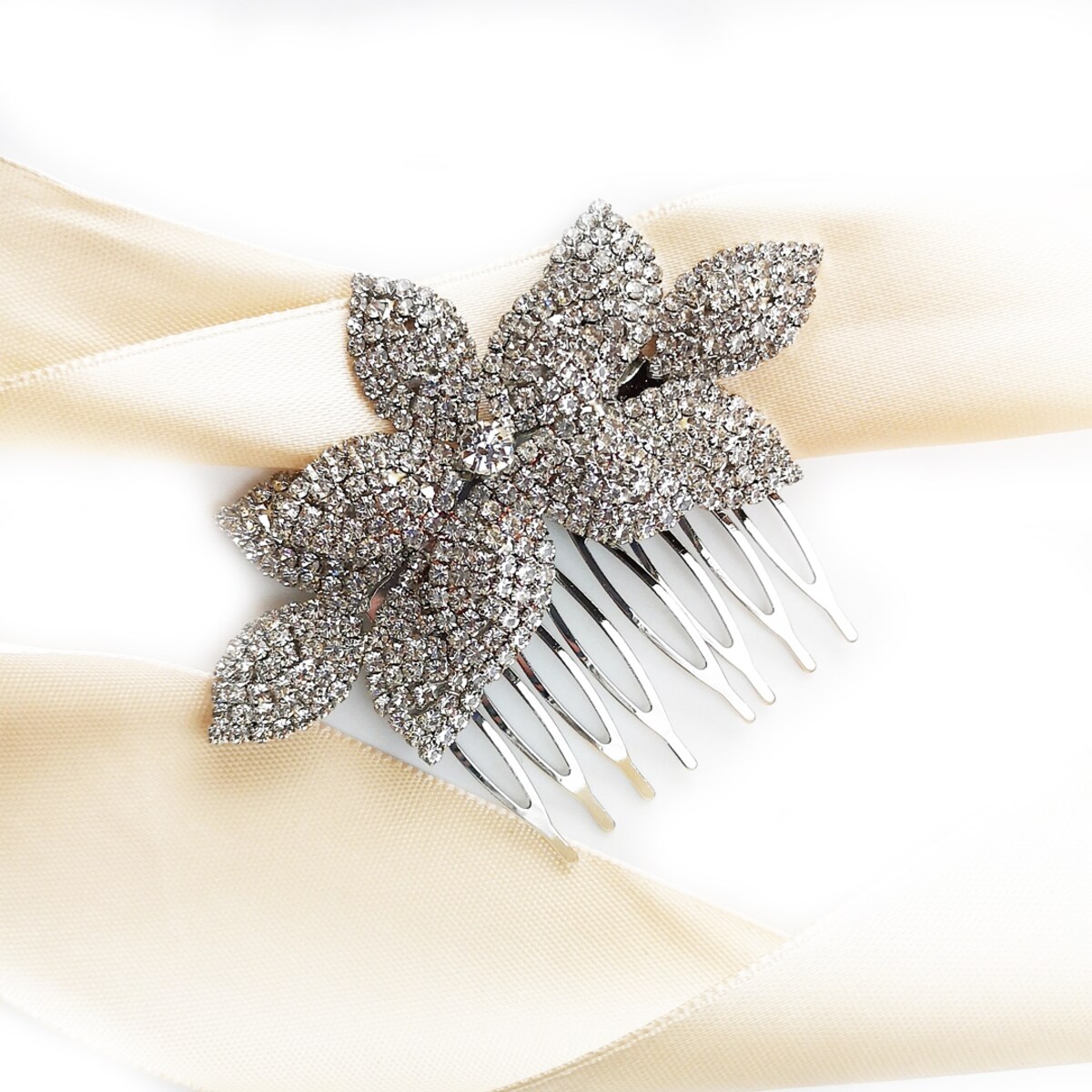 Ślubny grzebyk srebrny z listkami rustykalny cyrkonie PIĘKNY