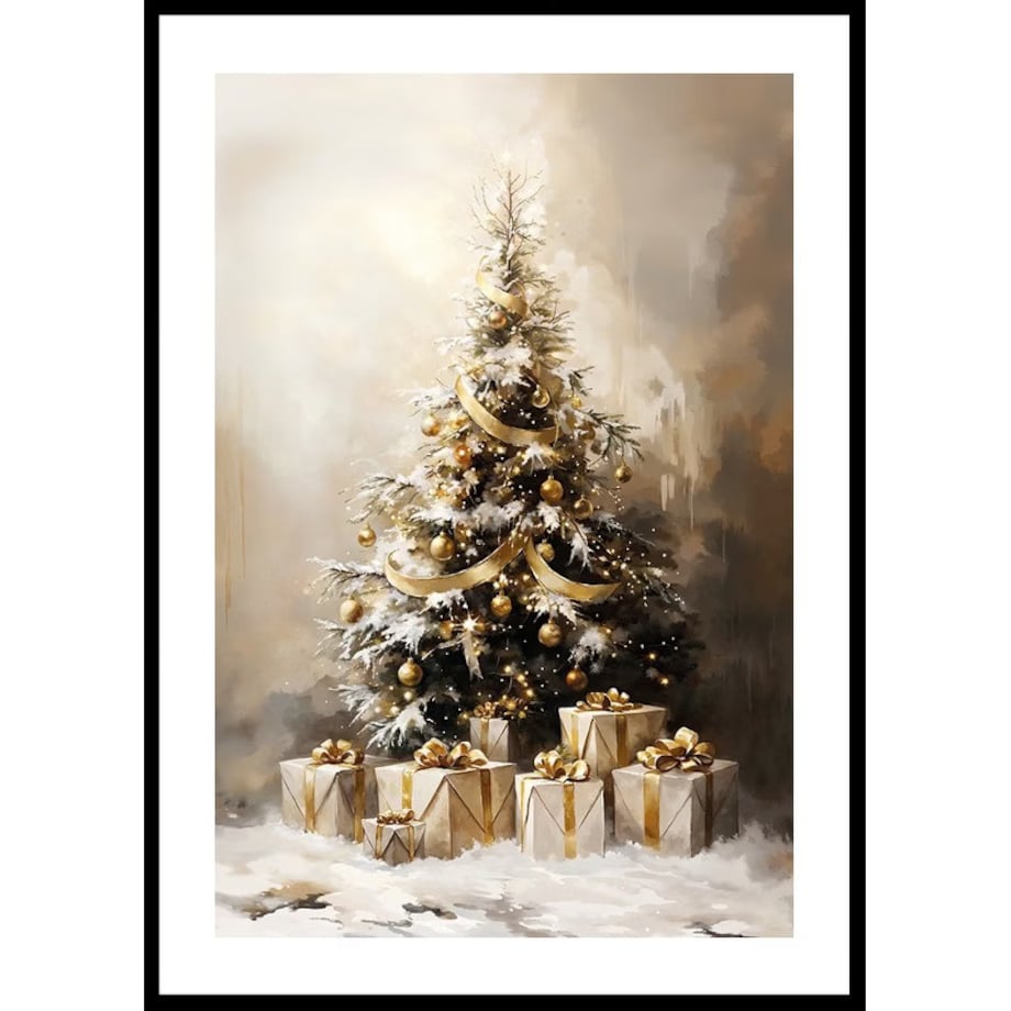 Poster Story, Plakat, Obraz - Złota Choinka Pokryta Śniegiem, wymiary 21 x 30 cm
