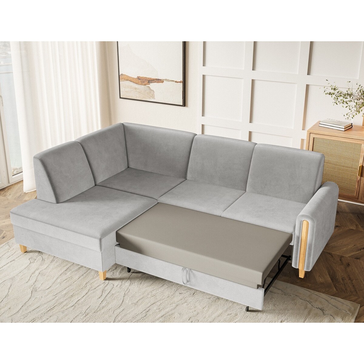 Rozkładany narożnik FLORA w tkaninie Amon hydrofobowej, lewostronny- szary