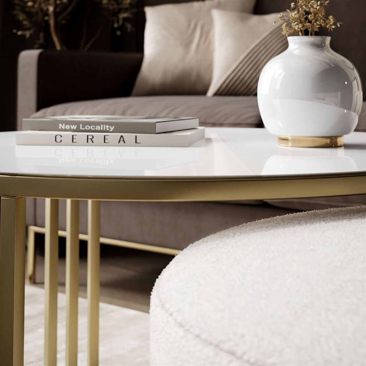 Stolik kawowy z pufą LORI GLASS złoto szczotkowane, białe szkło / Perfect Harmony 01